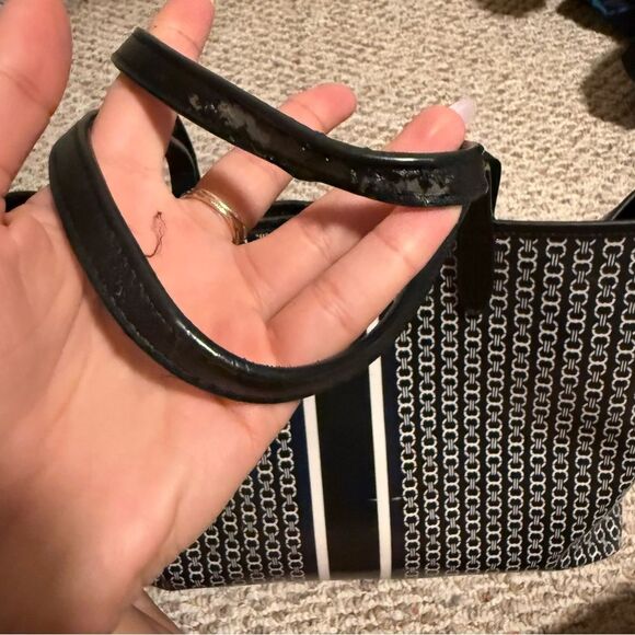 Tory Burch Gemini Link Canvas Tote Navy Black Striped Chain Print Large Bag - Picture 8 of 16